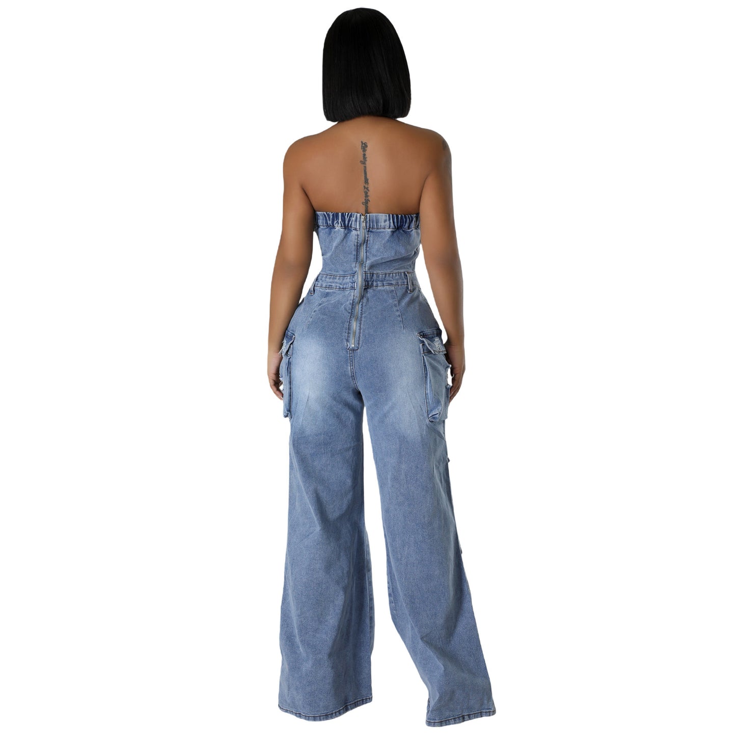Dame Slim Fit Rygløs Stræk Flared Ærmeløs Denim Jumpsuit