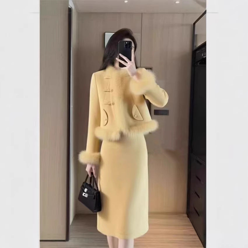 Yellow Wool Coat And Skirt Set Extra Thick