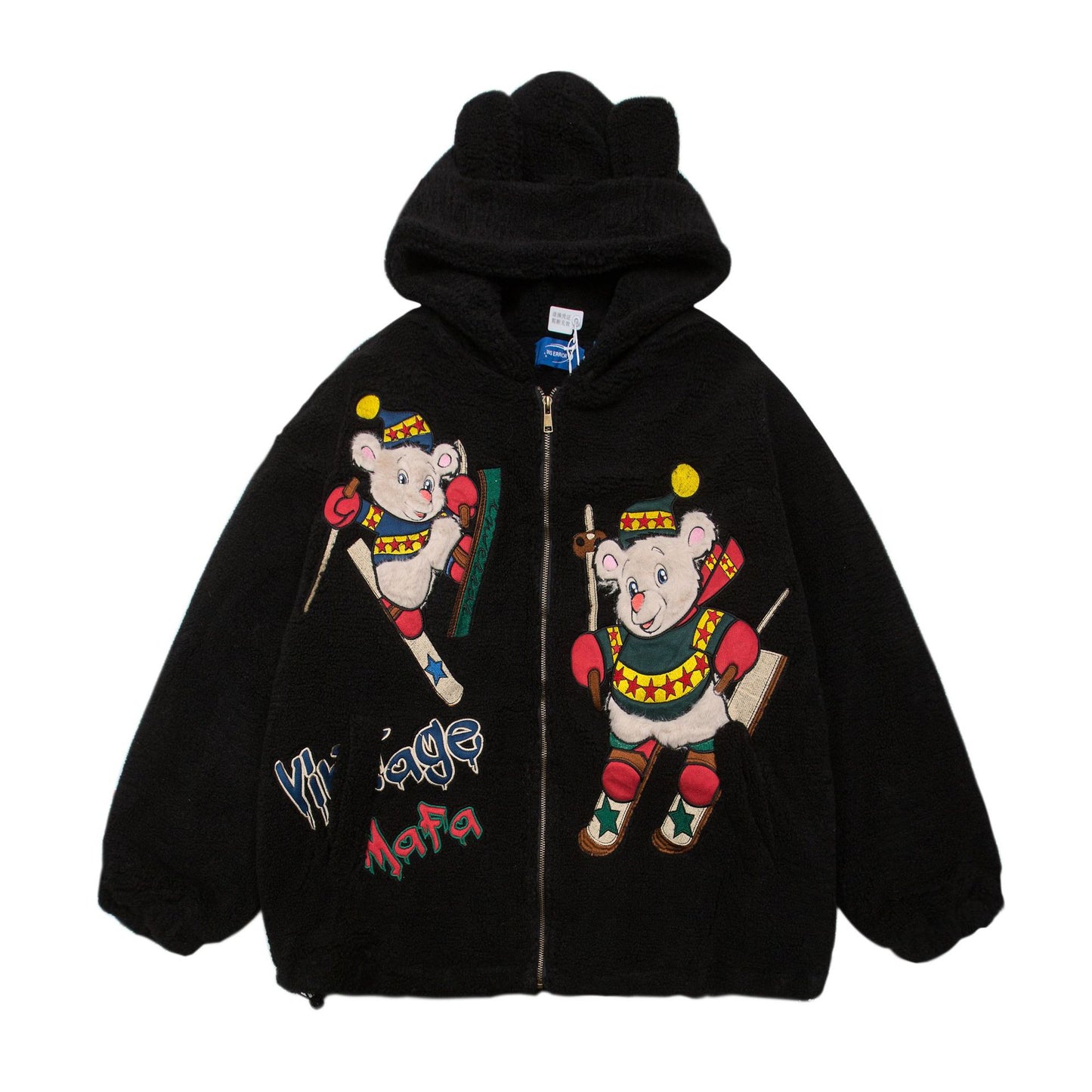 American Cute Cartoon Flocking Bear Lamb Fur Hooded Jacket