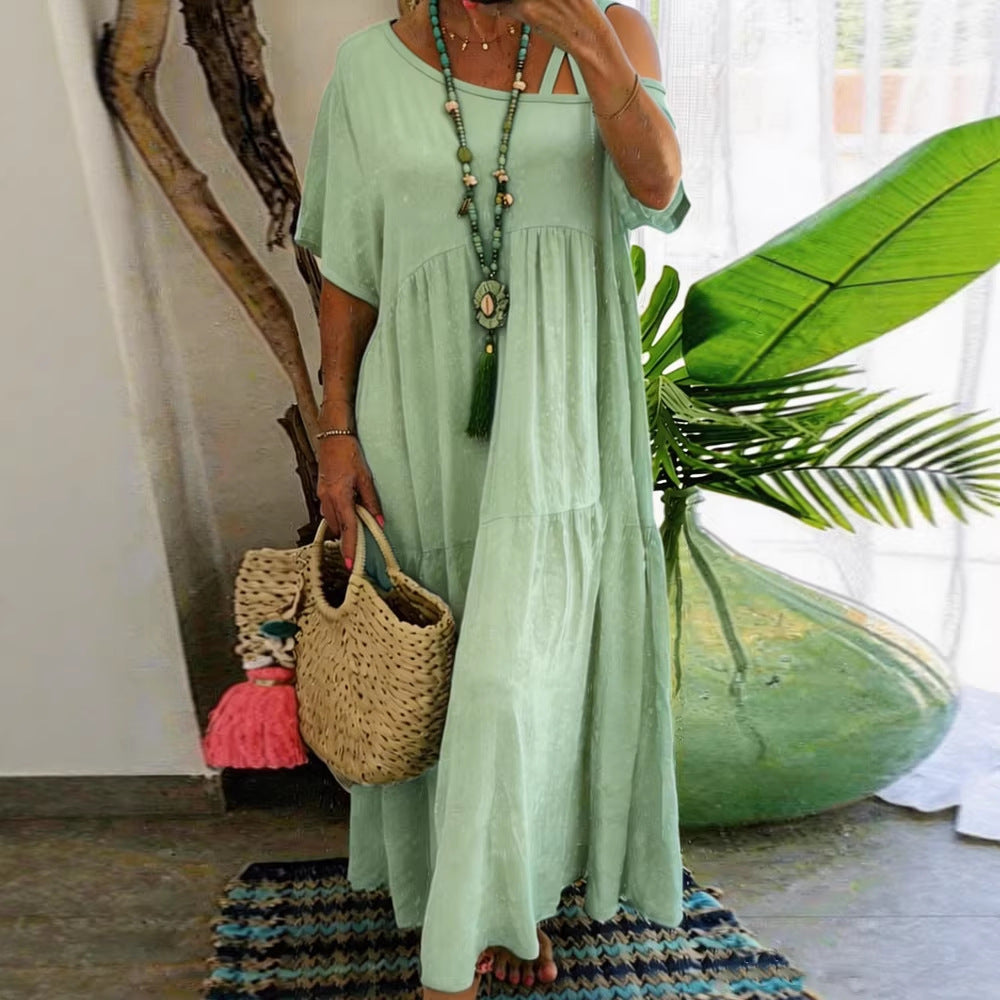 Casual Slash Neck Short Sleeve Cotton Linen Solid Color Womens Dress