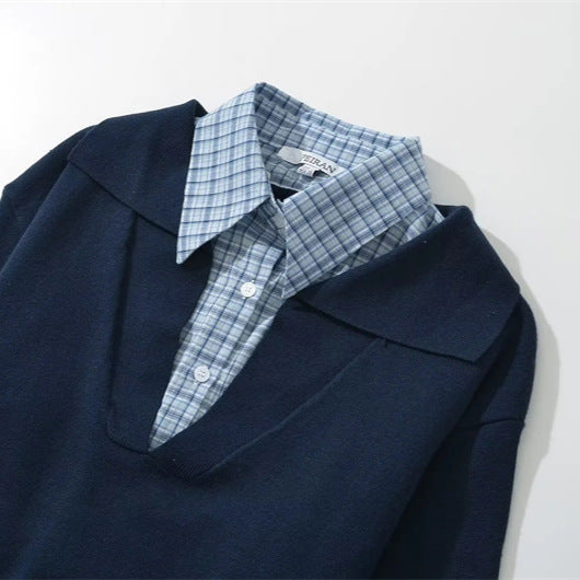 Women's American-style Retro Lapels Plaid Contrast Color Long-sleeved Sweater