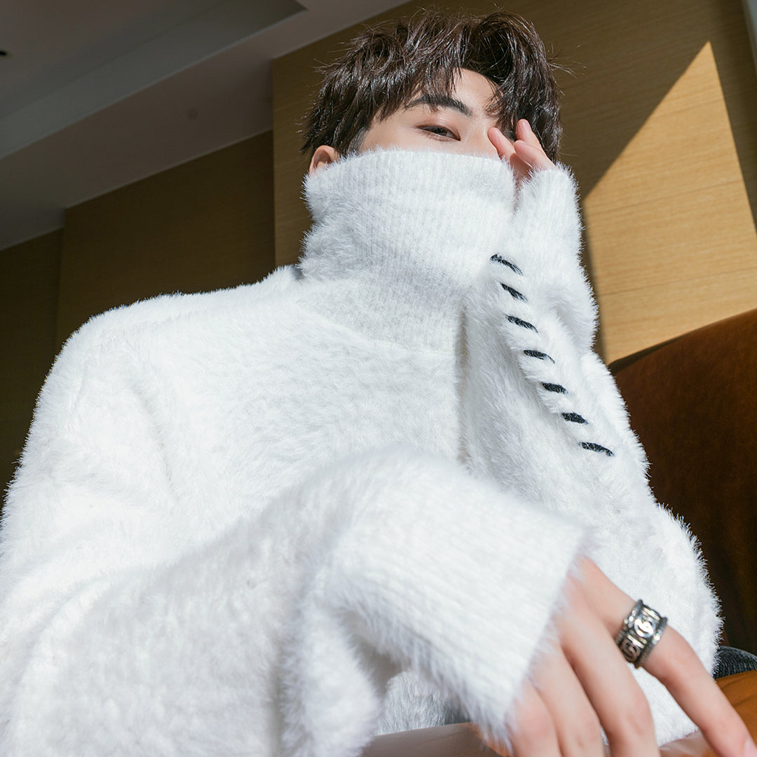 Men's Lace Design Mink Turtleneck Sweater
