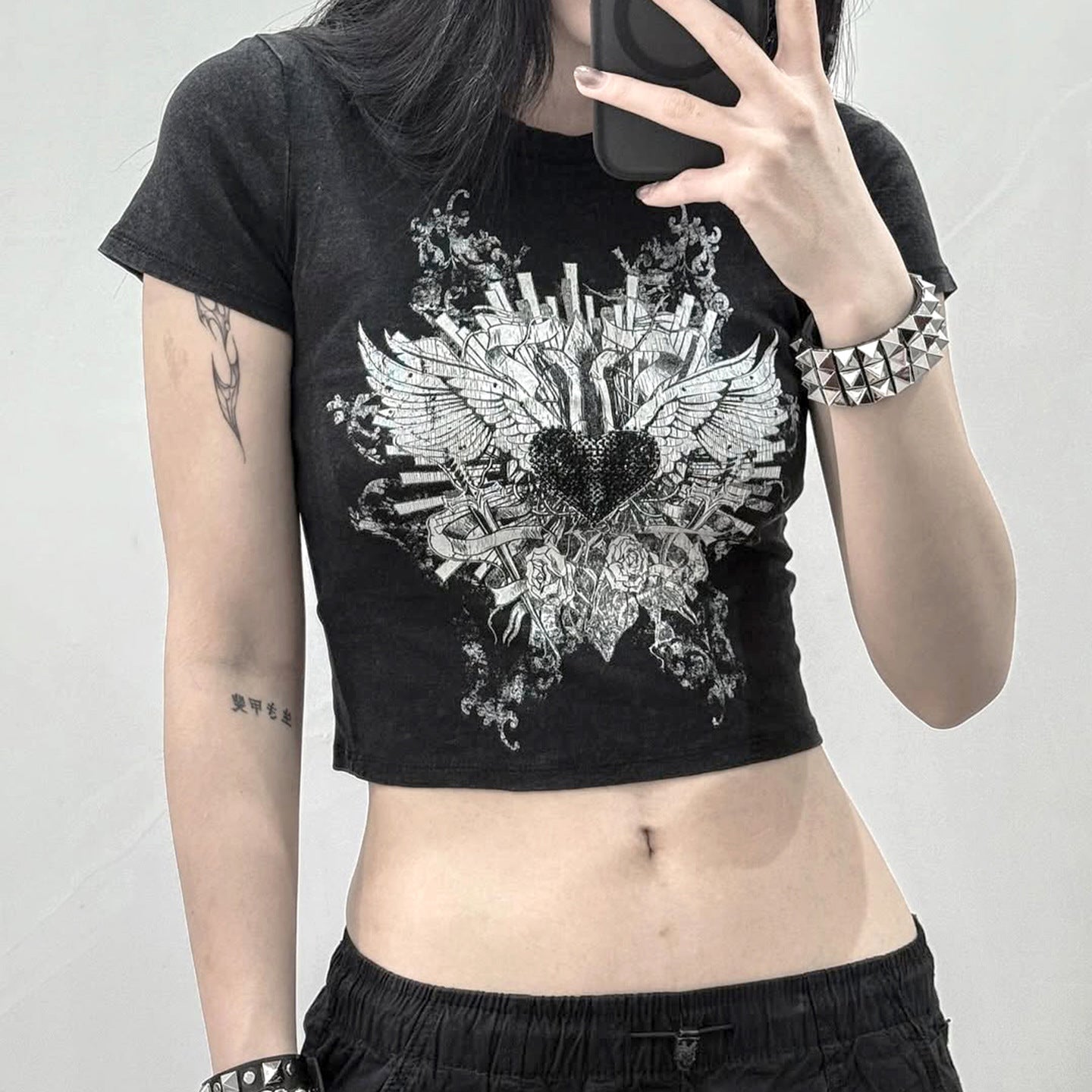 Dark-style Edgy Printed Black Crew-neck T-shirt For Summer