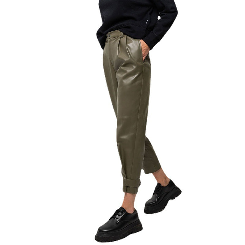 Fashion High-waist Slim-fit PU Leather Cropped Trousers