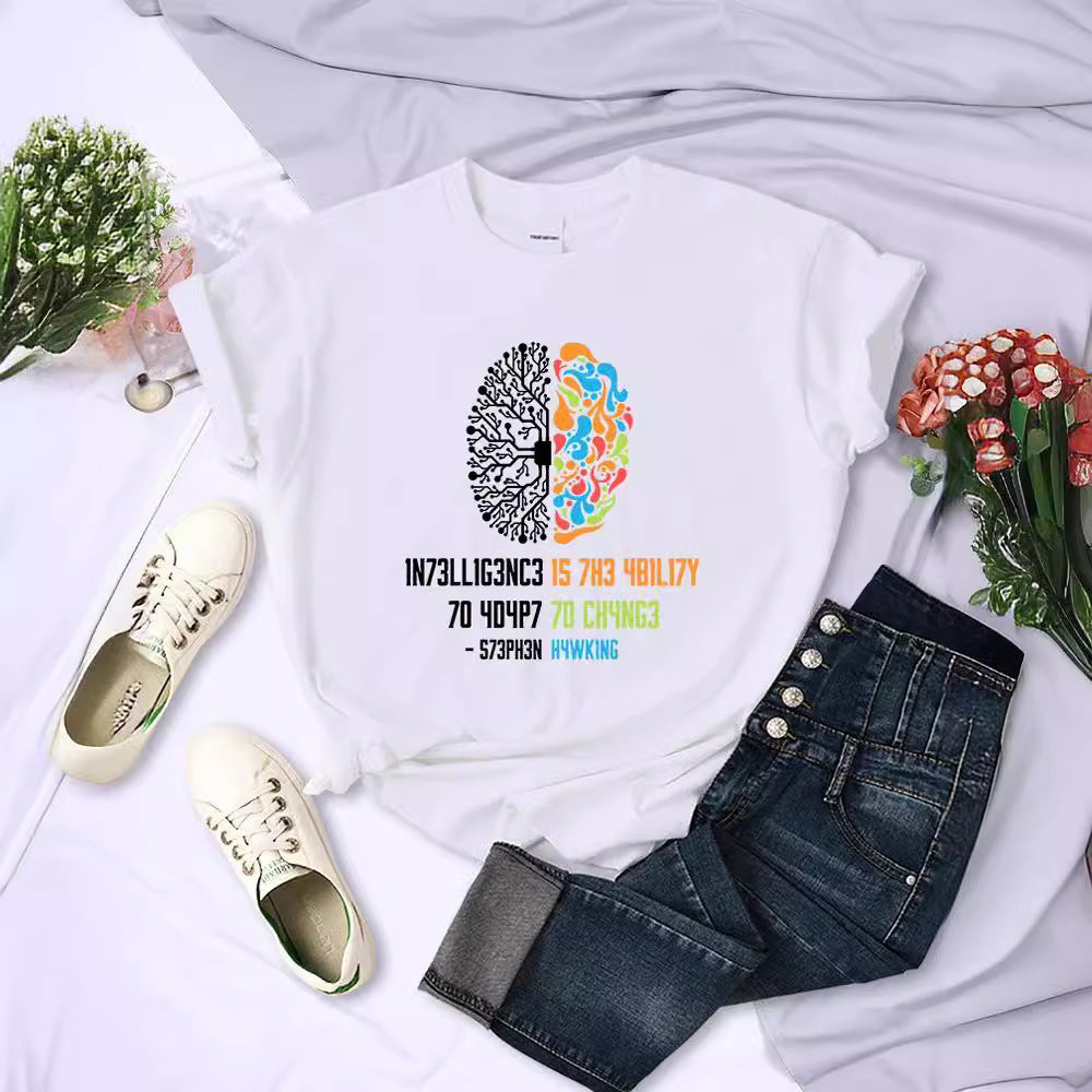 Round Neck Printed T-shirt Top Women's Breathable Short Sleeve