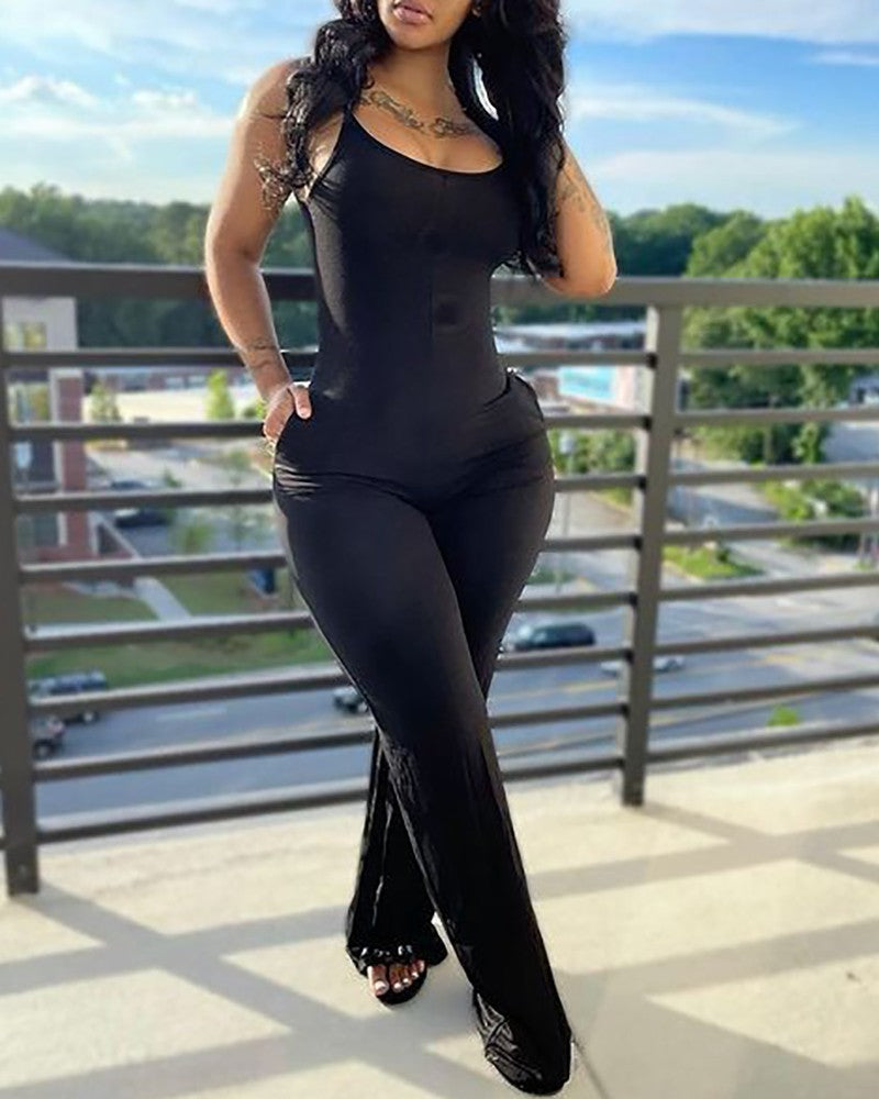 Women's Fashion Casual U-neck Spaghetti Straps Sleeveless Pocket Jumpsuit
