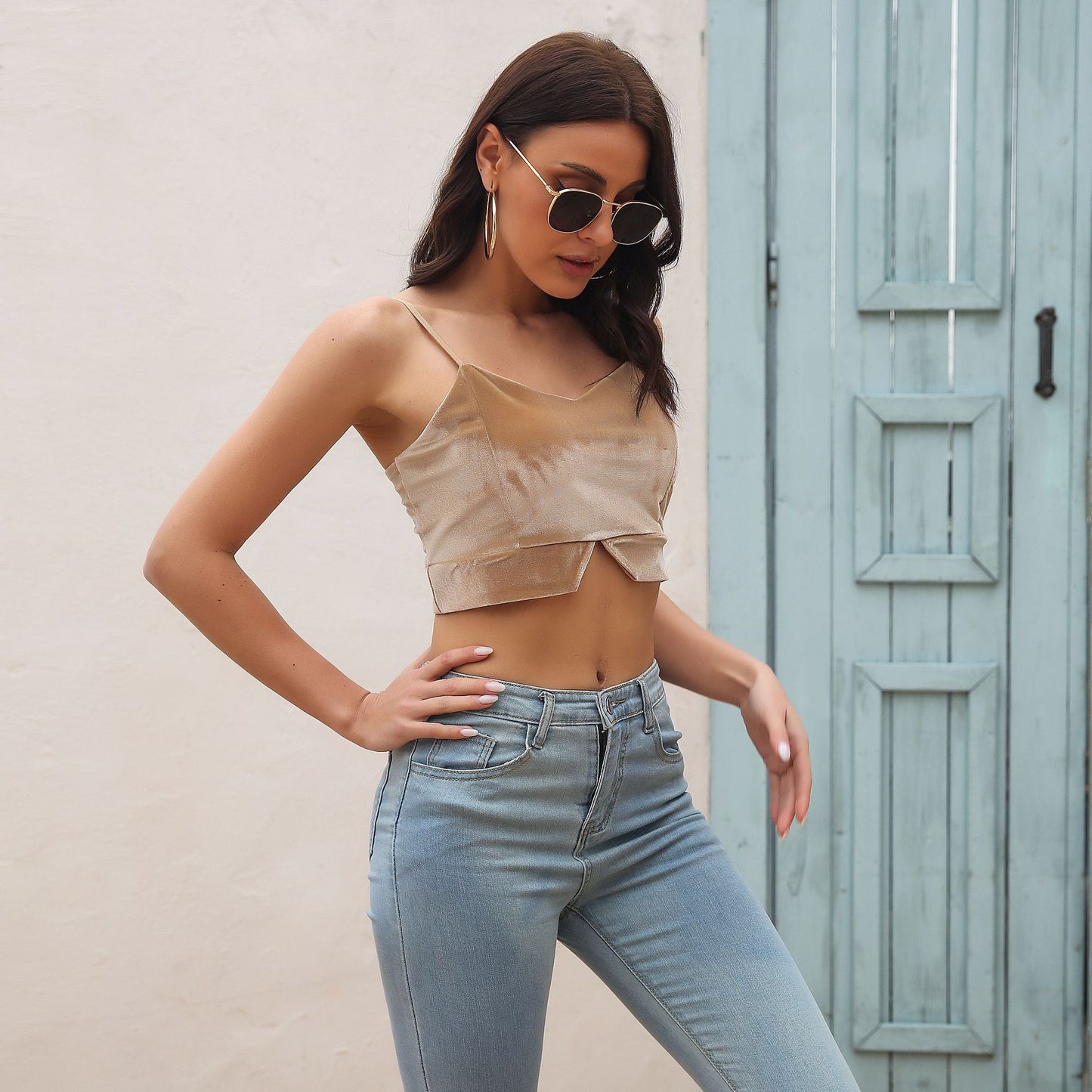 Stylish Womens Velvet V-Neck Slit Camisole