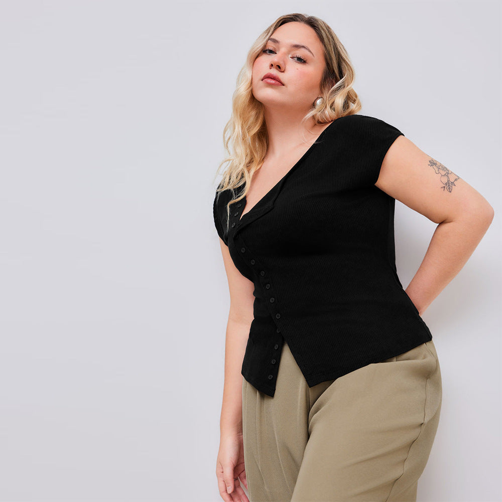 Diagonal Collar T-shirt Summer New Single-breasted Slim-fit Shoulder Top