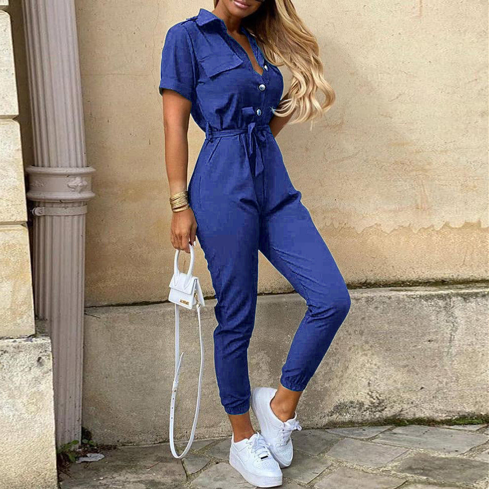 Printed Belt Work Overalls Short Sleeves