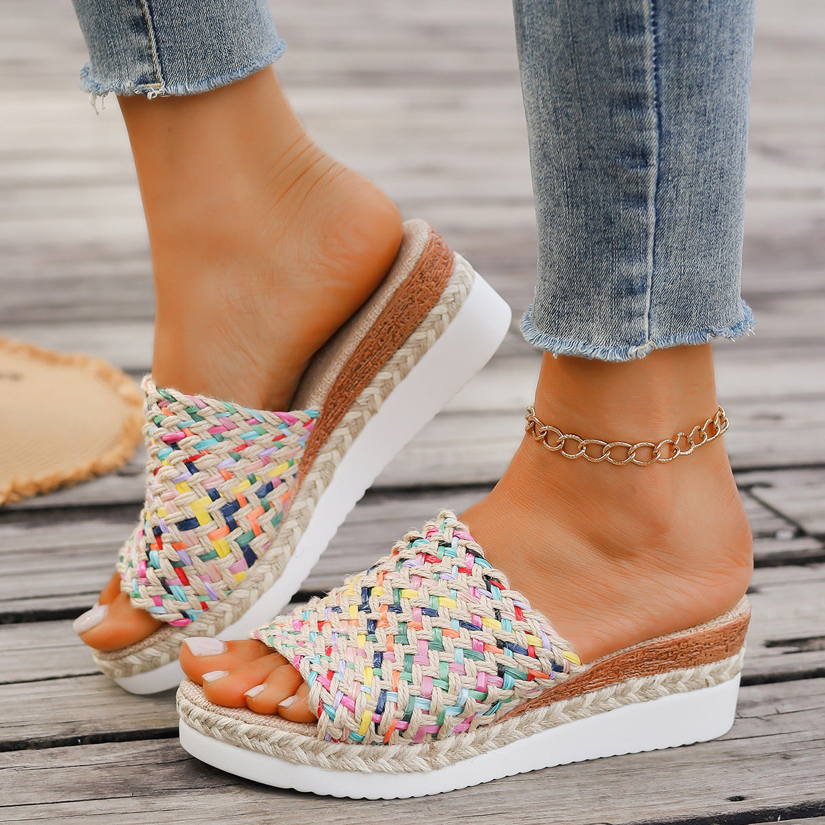 Women's Thick-soled Fish Mouth Color Slippers With Hemp Rope