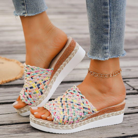 Women's Thick-soled Fish Mouth Color Slippers With Hemp Rope