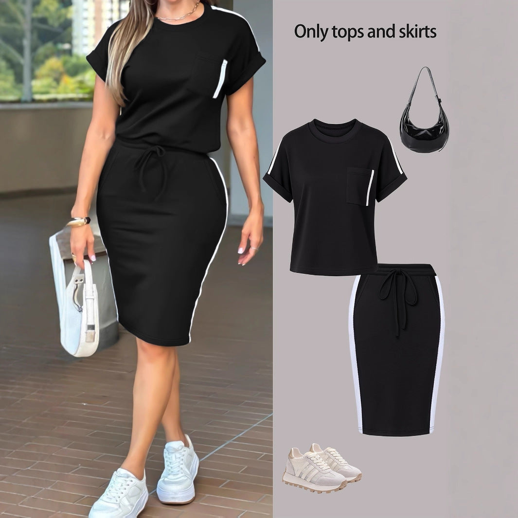 Womens Stylish Minimalist Off-shoulder T-shirt Paired With A Casual Form-fitting Skirt Set