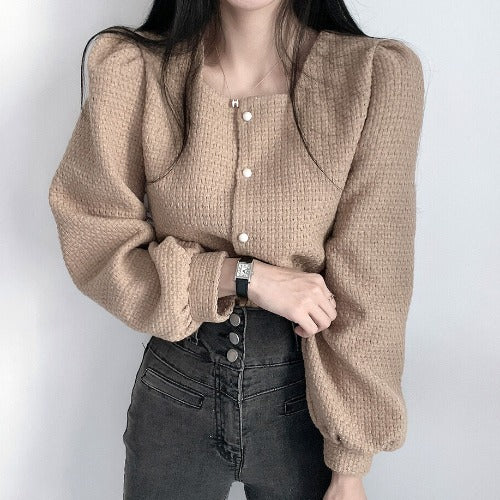 French Style Square Neck Pearl Button Puff Sleeve Jacket