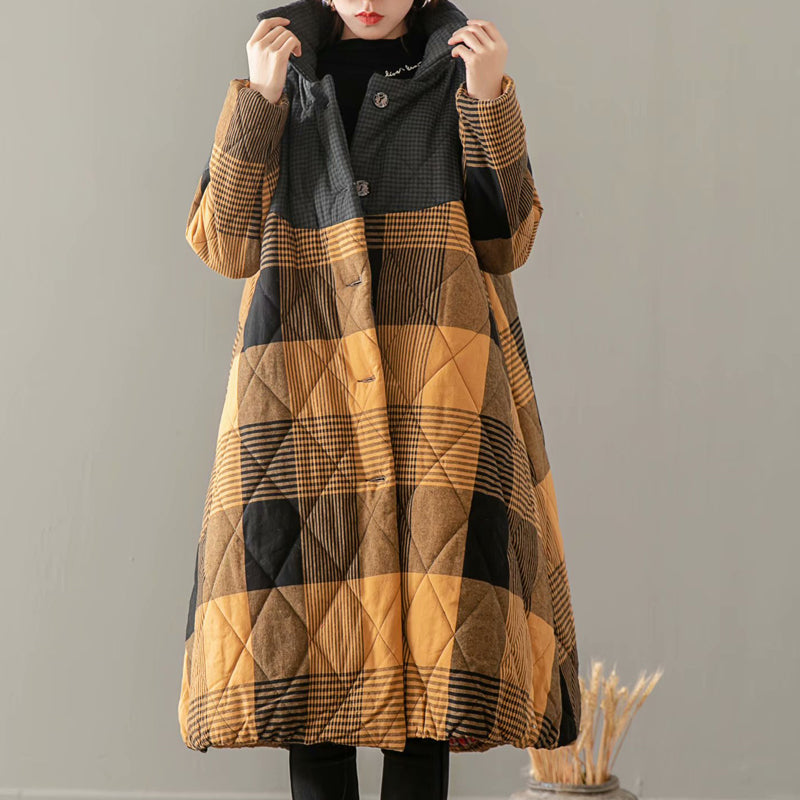 Artistic Retro Long Hooded Plaid Cotton Coat Cotton Jacket Women's Chinese Style Loose Puffer Jacket