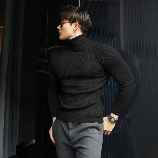 Men's High-neck Slim-fit Solid Color Twisted Knit Sweater