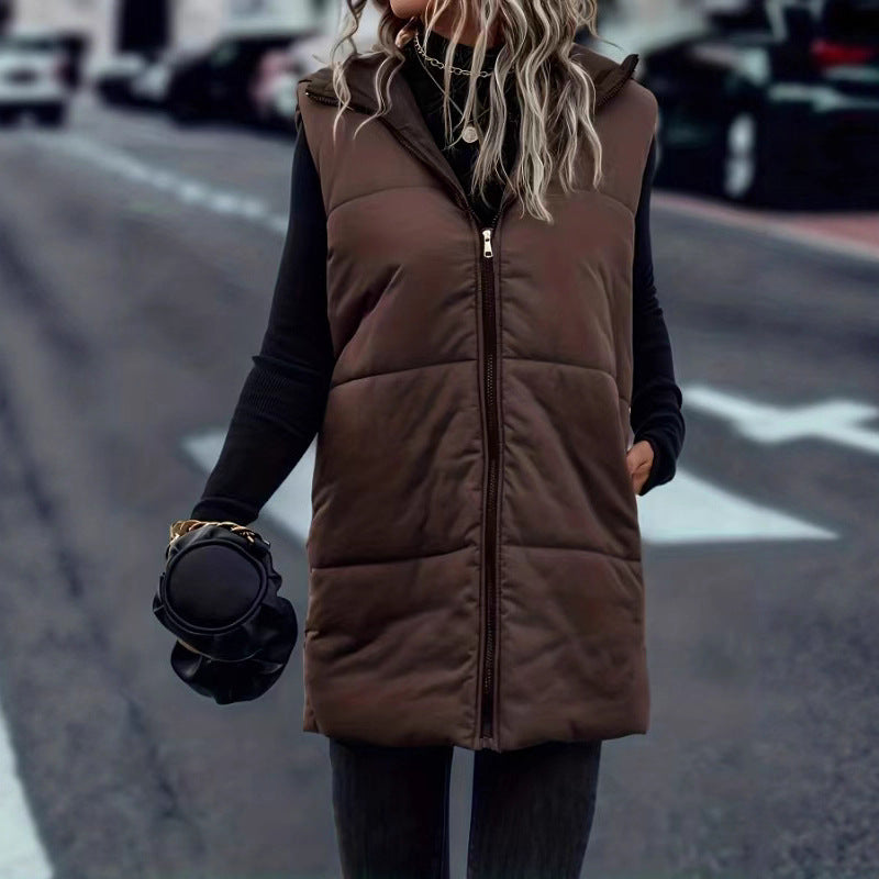 European And American Autumn And Winter Vest Fashion Solid Color Zipper Hooded