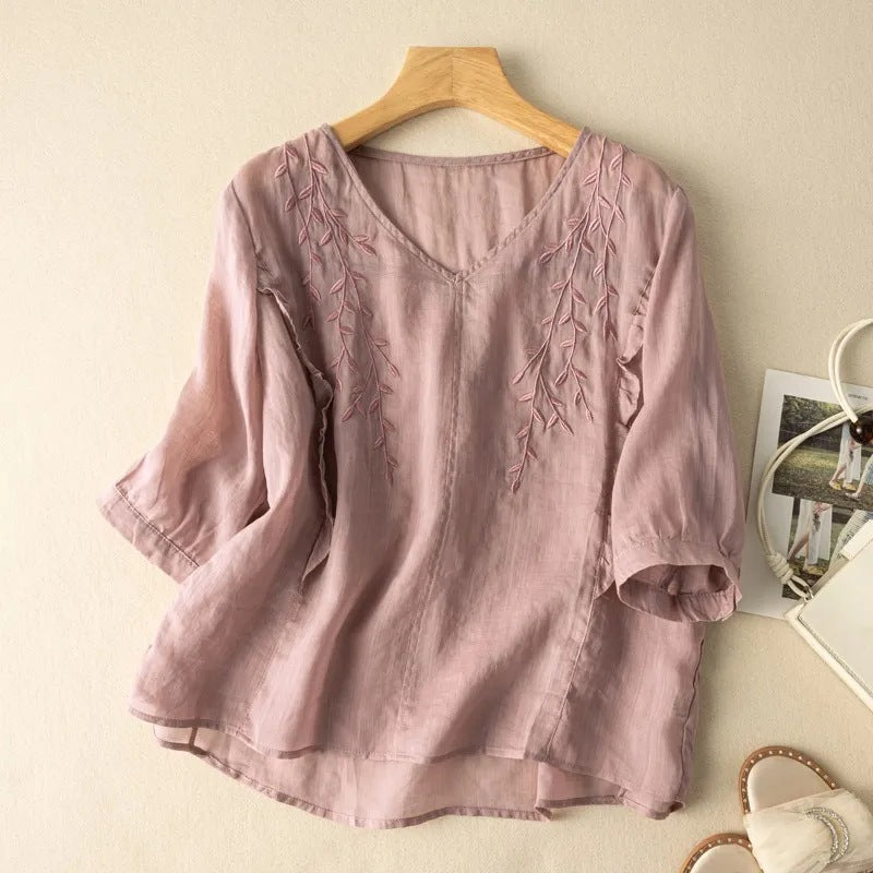Relaxed Artistic And Retro Three-quarter Sleeves