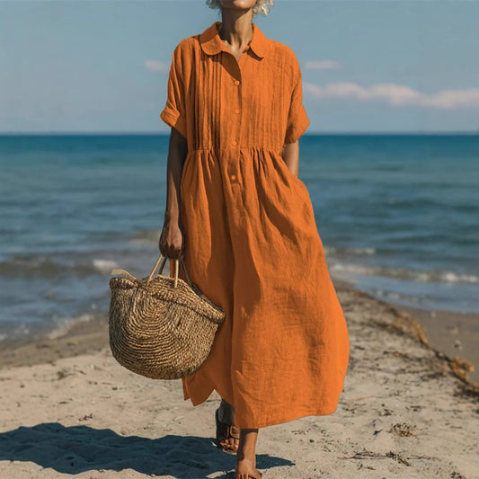 Notch-collar Button-front Pleated Short-sleeve Cotton-linen Dress