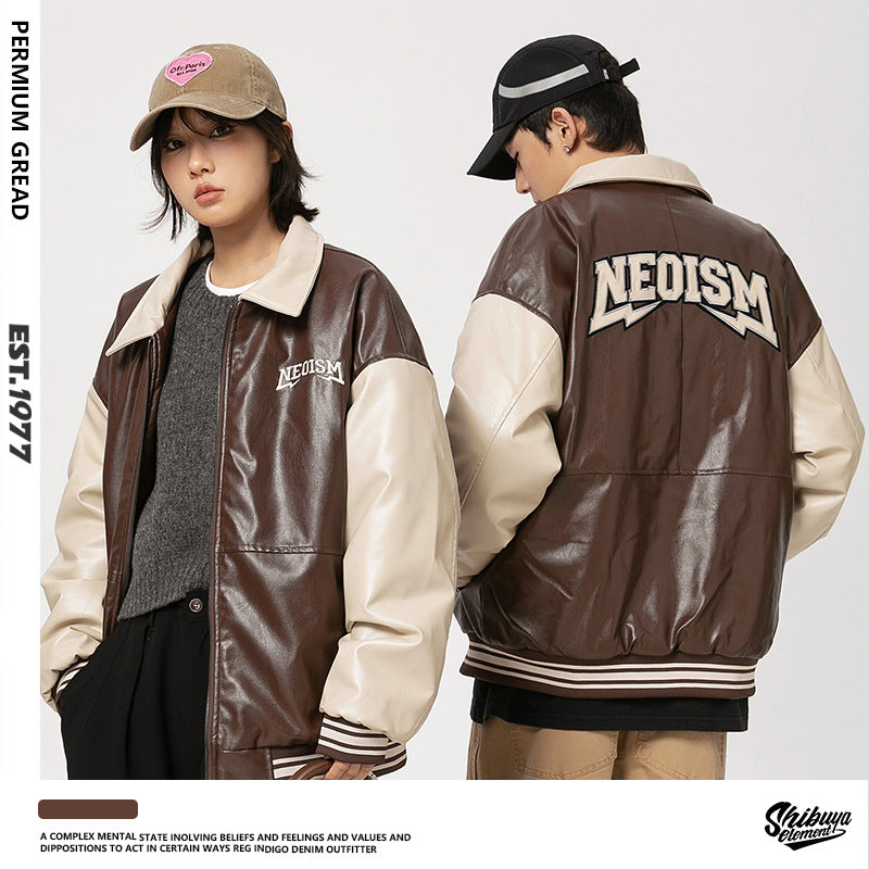American-style Retro Street Letters Embroidered PU Leather Cotton Jacket For Men