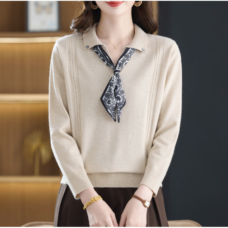 Womens Polo-neck Long-sleeve Knit Sweater