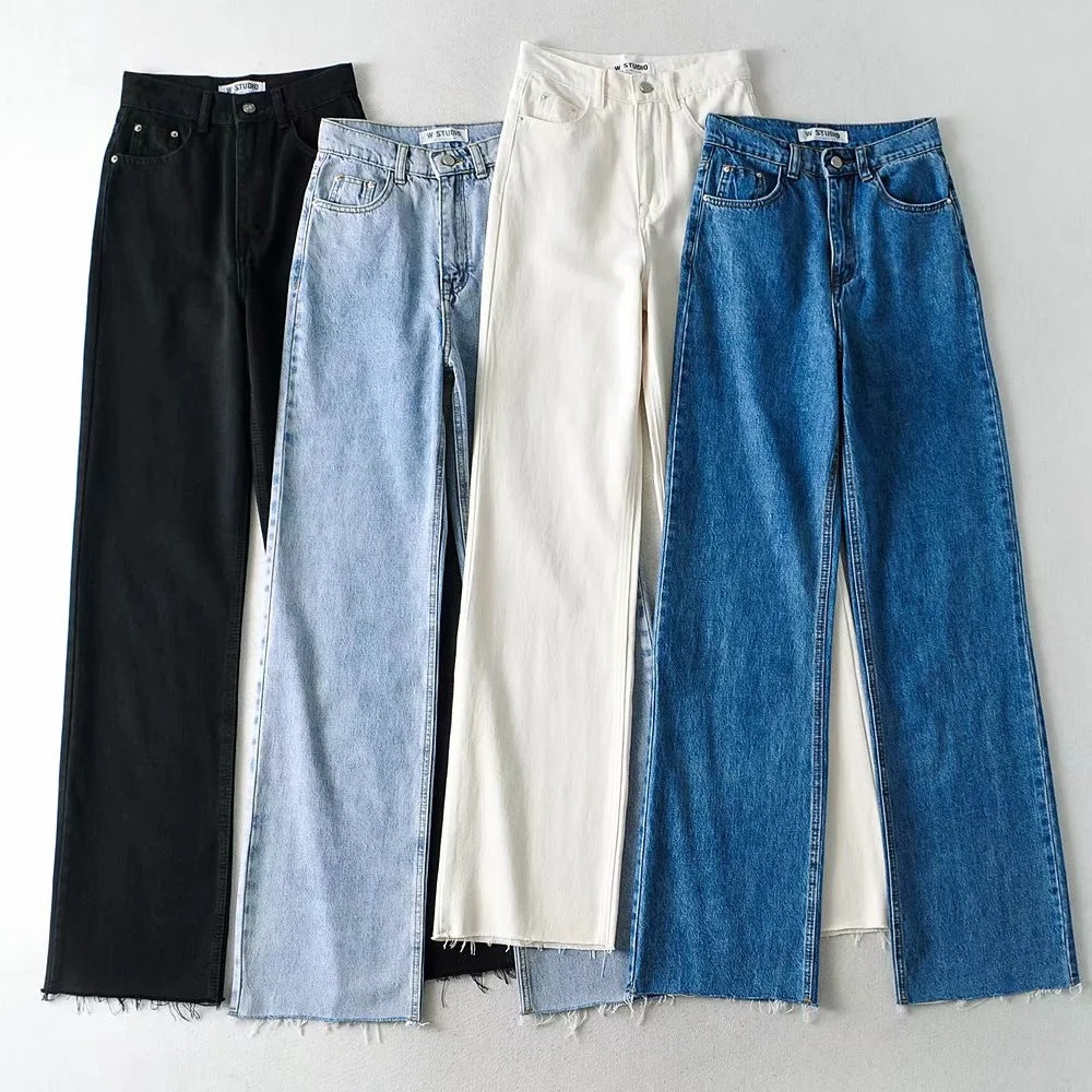Mopping And Frayed Denim Trousers New High-waisted Loose-fitting Thin Straight And Wide-legged