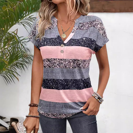 Europæisk og Amerikansk Sommer Kortærmet Stribet V-hals 3D Printet Casual T-shirt