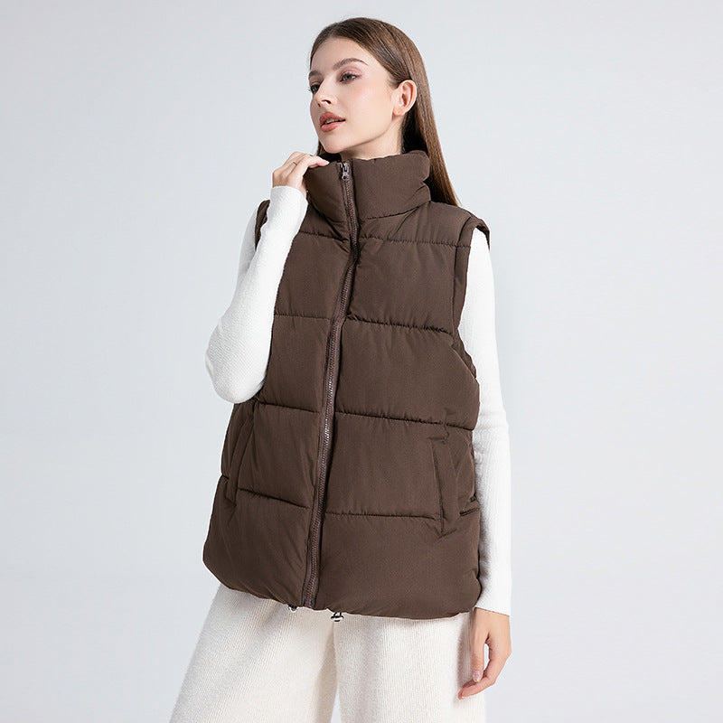 Women's Sleeveless Mid-length Stand-up Collar Thermal Down Cotton Thickened Vest