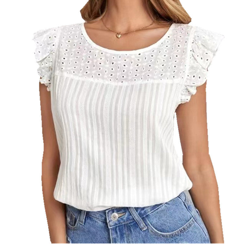Ærmeløs t-shirt til kvinder med patchwork og flæser