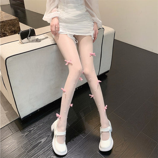 Sweet Pure Bow Pantyhose Pearl Anti-snagging