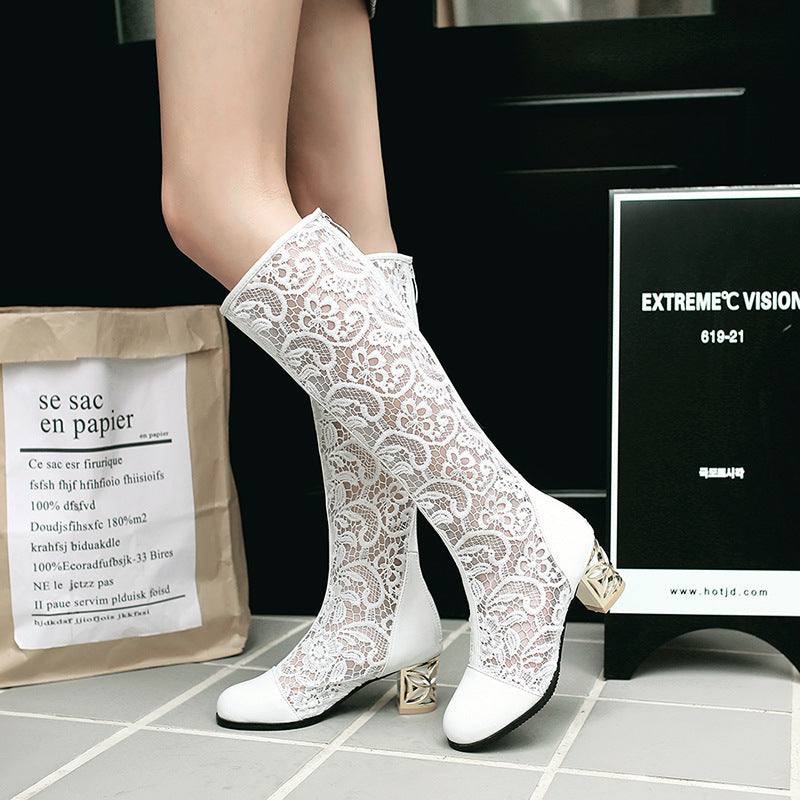 Round Toe Stitching Lace Back-zip Boots Chunky Heel Women's Sandals