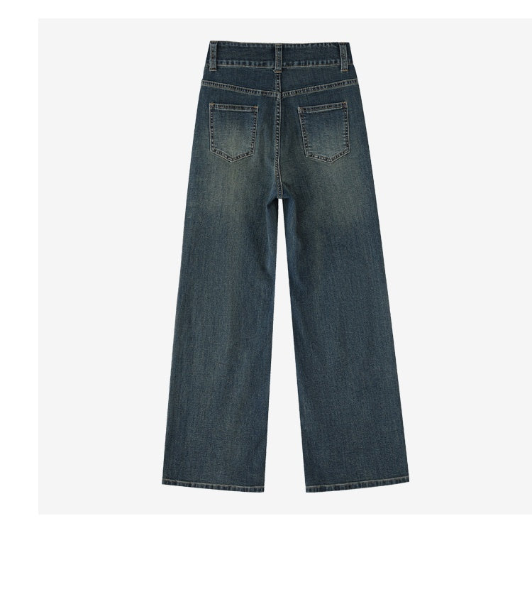 Retro Blue Straight Jeans Women's Autumn And Winter Fleece-lined High Waist