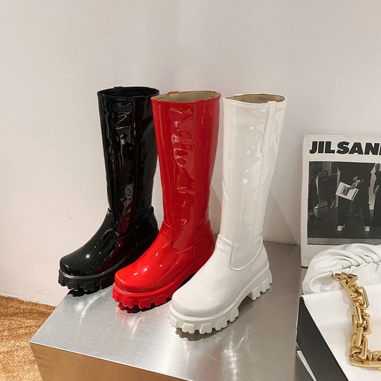 Women Knee High Boots Wedges High Heels Platform Lace Up Plush Inside Warm Fur