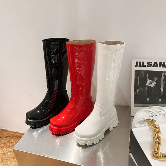 Women Knee High Boots Wedges High Heels Platform Lace Up Plush Inside Warm Fur