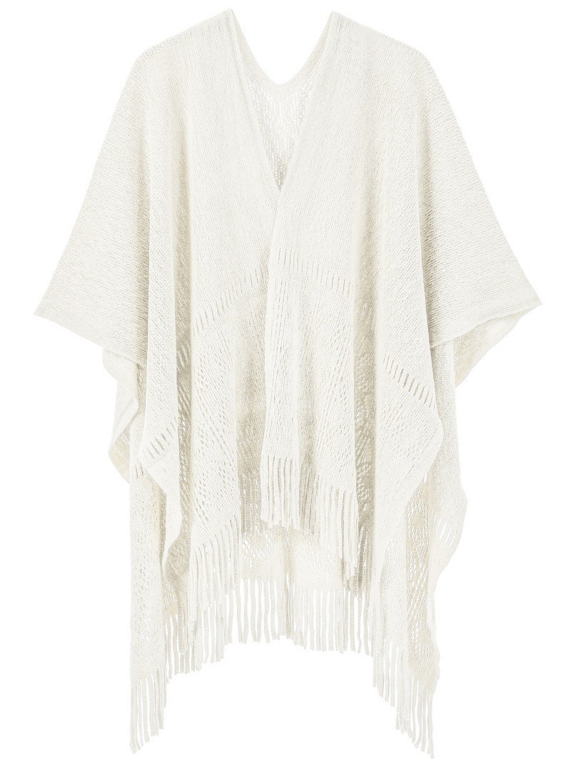 Warp Knitted Solid Color Tassel Thin Hollow Shawl