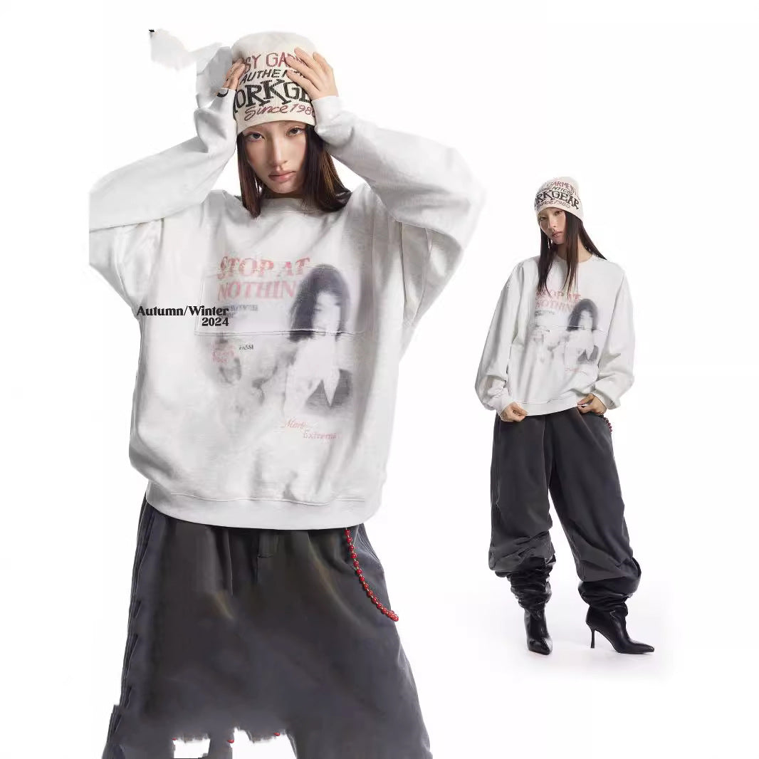 American Street Retro Portrait Printing Pullover Loose Round Neck Sweater