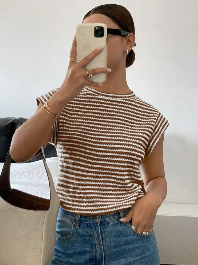Womens New Summer Striped Crew-Neck Fashion Knit T-Shirt For Women