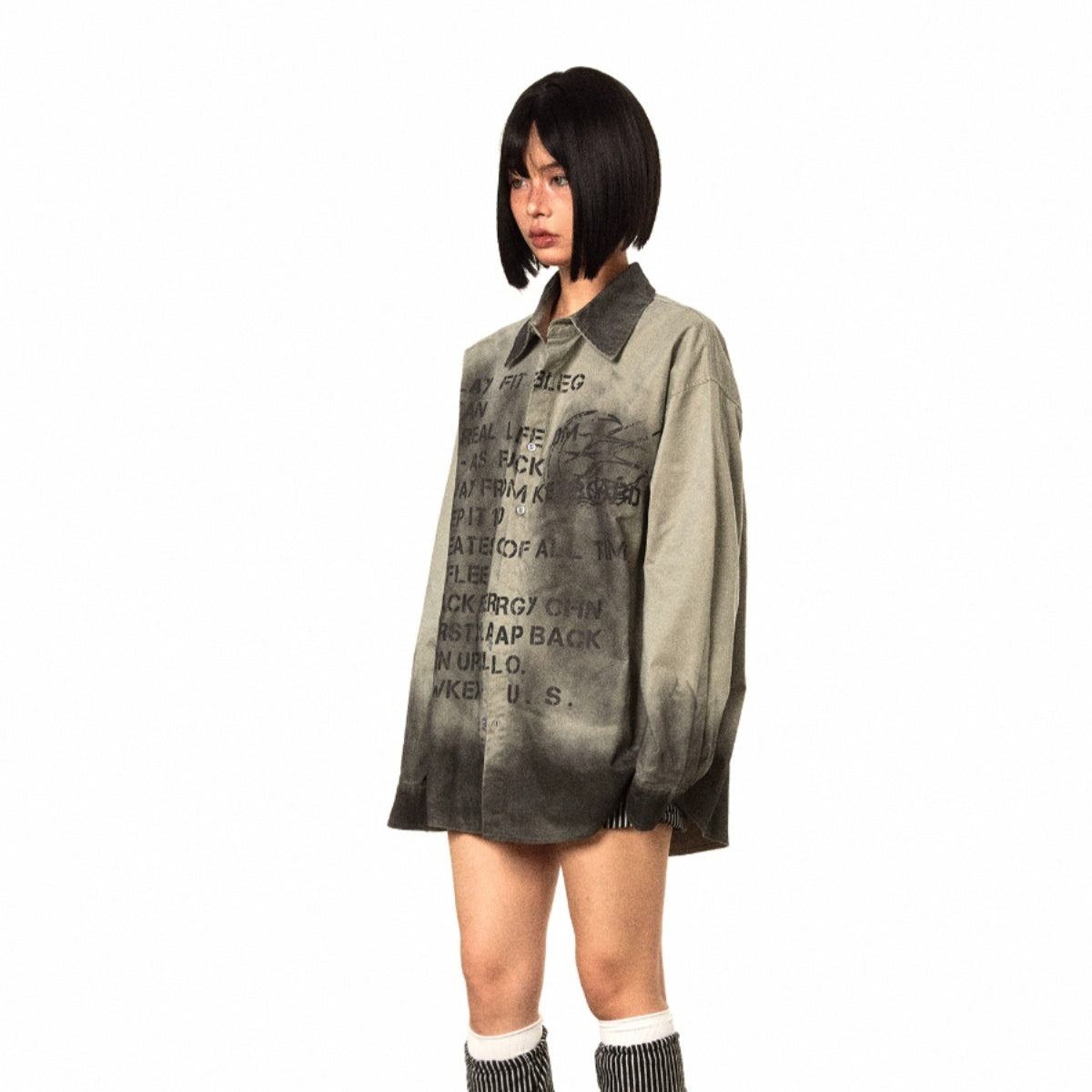 Letter Distressed Printed Long-sleeved Shirt Retro Gradient Loose Casual Women