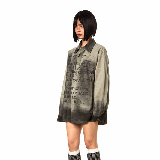 Letter Distressed Printed Long-sleeved Shirt Retro Gradient Loose Casual Women