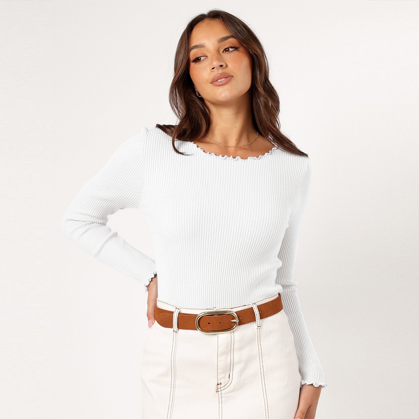 Round Neck Long Sleeve Slim Fit Shoulder Rib Women's Top