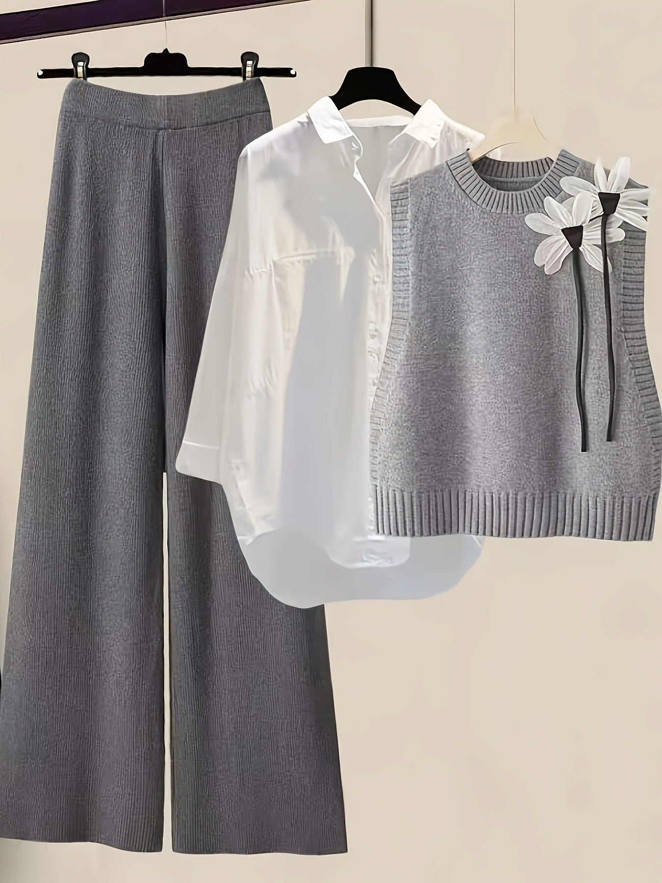 Casual Single-Breasted Shirt Bow-Decorated Knitted Vest And Casual Pants Three-Piece Set