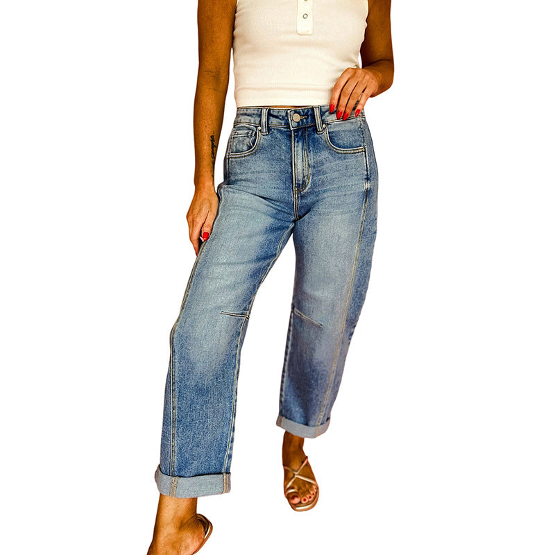 Versatile Slim-fit Rolled Hem Jeans For Women