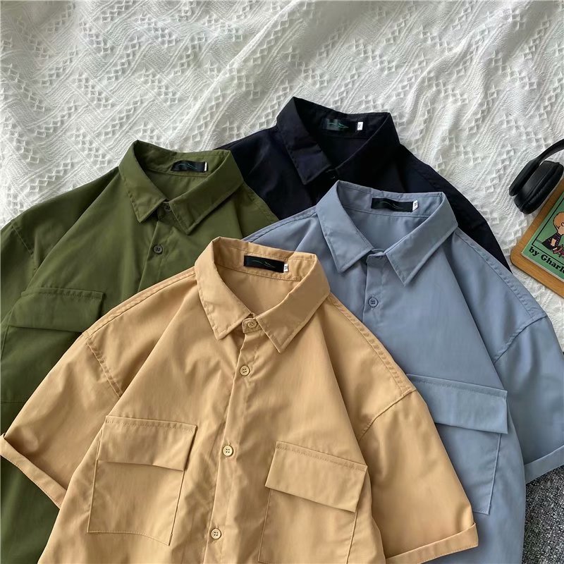Hong Kong Style Loose Men's Summer Short Sleeve Shirt Overalls