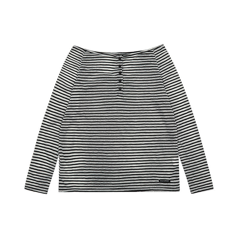 Striped Long Sleeve T-shirt Women Boat Neck Loose Thin Sunshade Cover