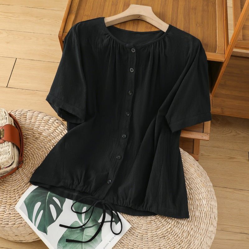 Womens Retro Drawstring Swing Sand-Washed Linen Top With A Crew Neck