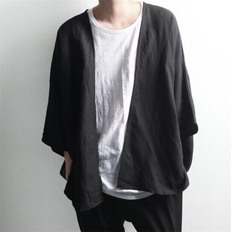 Dark Men's Linen Cropped Doll Sleeve Cardigan