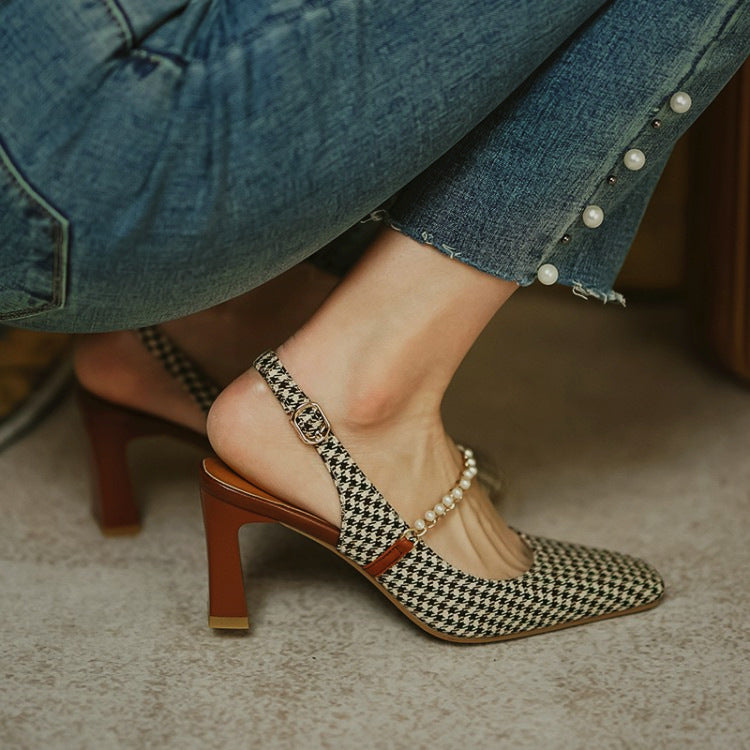 Square Toe High Heel Chain Buckle Back Sandals