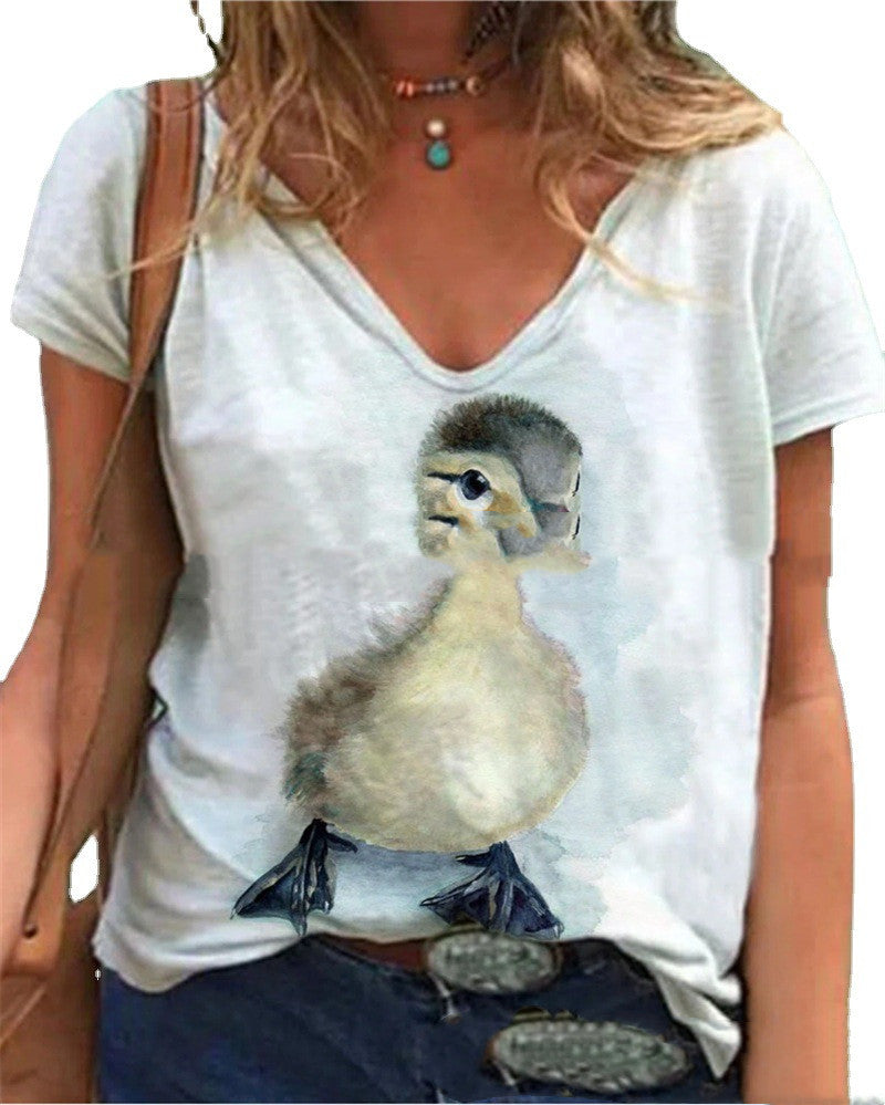 Women's New Duck Print Casual V-Neck Pullover Short Sleeve T-Shirt
