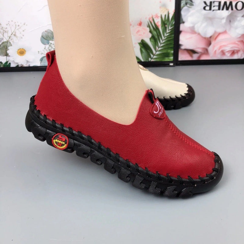 Middle-aged Women's Leather Shoes With Wide Fat Feet And Beef Tendon Sole