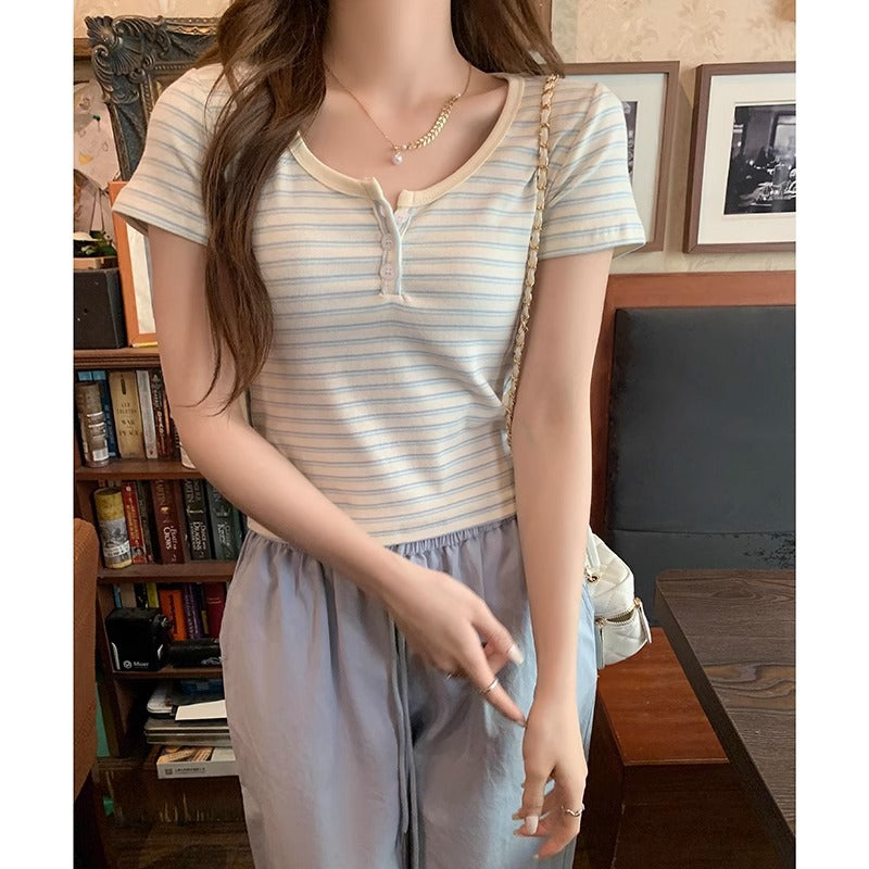 American Retro Shoulder Striped Short Sleeve