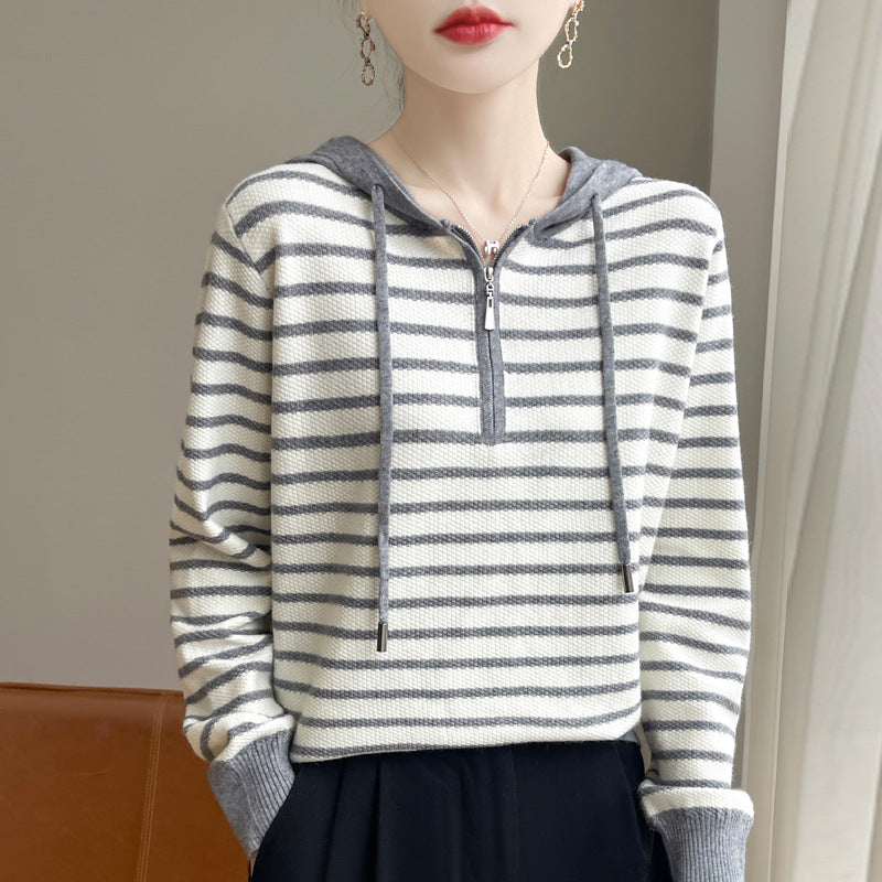 Women's Striped Hooded Long-sleeved Knitted Sweater